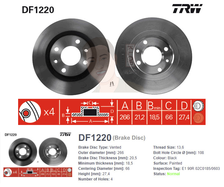 DF1220 จานเบรค-ดรัมเบรค(TRW) CITROEN XANTIA 1.6,1.8 ปี1994> F V