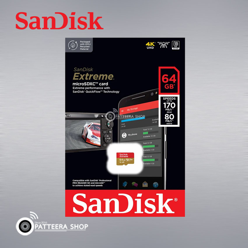 เมมโมรี่การ์ด Sandisk Extreme 64GB. แท้ ประกัน 10 ปี (Micro SD Card) มาตรฐาน U3