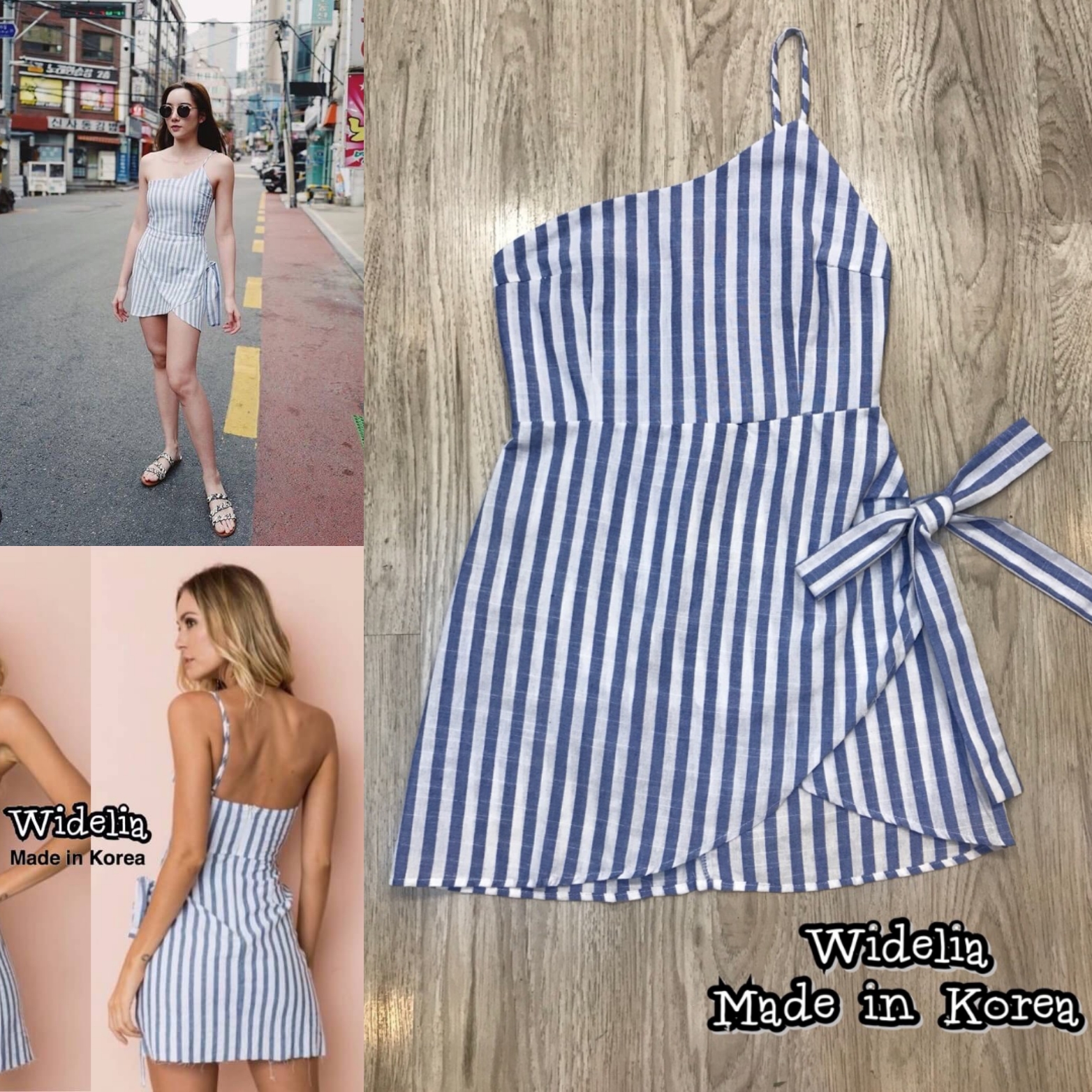 Ins Mini Dress >>เดรสไหล่เฉียงสายเดี่ยว กระโปรงทรงป้าย ผูกโบว์ด้านข้าง