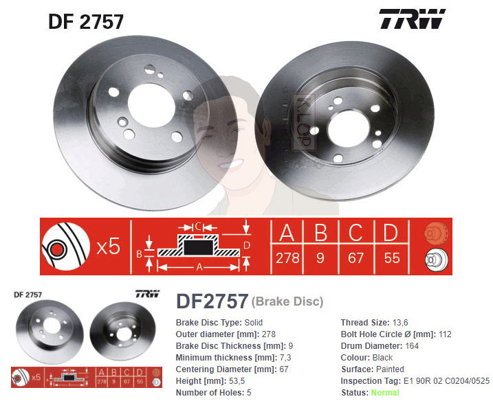DF2757 จานเบรค-ดรัมเบรค(TRW) BENZ R170 SLK 200,SLK230 /R171 SLK 200 KOM /W203 C180 COMPRESSOR /W208 CLK 200,CLK200 KOM,CLK230 KOM /W209 CLK 200 KOM /W210 E200 (ปี1993-2011 R S) ข้อมูล-ละเอียด-ด้านล่าง