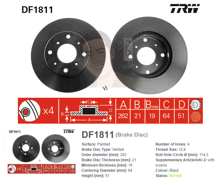 DF1811 จานเบรค-ดรัมเบรค(TRW) ROVER 820 ปี1988-1999 F V