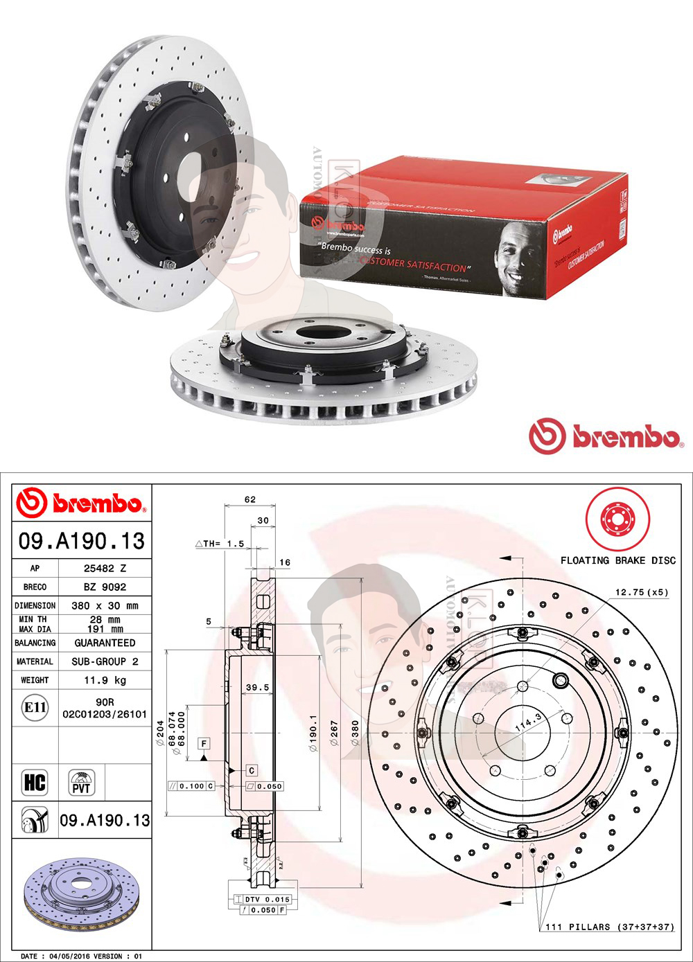 09 A190 13 จานเบรค ล้อ R (ยี่ห้อ BREMBO) รุ่น HC UV PVT NISSAN GTR (R35) 3.8 ปี 2007->