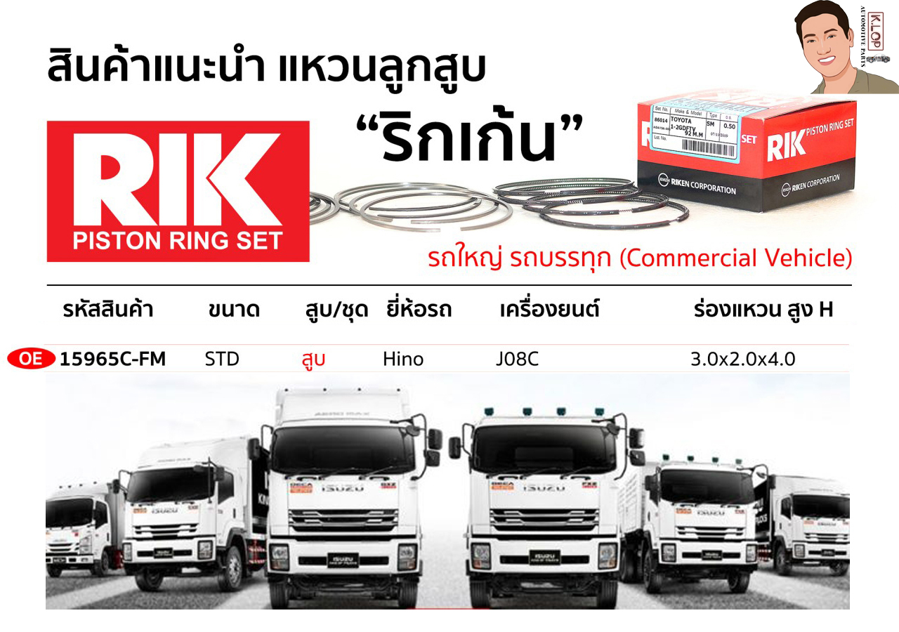 OE 15965C-FM แหวนลูกสูบ(RIK-ริกเก้น) ขนาด STD สูบ Hino เครื่องยนต์ JO8C ร่องแหวน สูง H 3.0x2.0x4.0