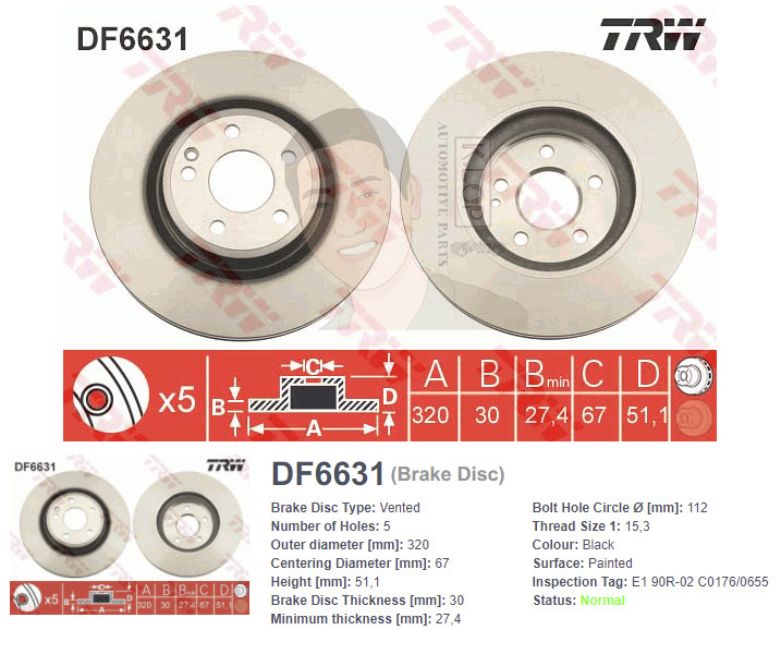 DF6631S จานเบรค-ดรัมเบรค(TRW) BENZ W156 GLA250, CLA250 (C117), A250 (W176) ปี2013> F V