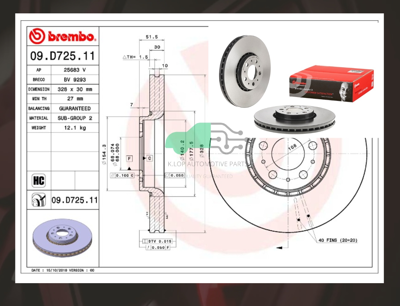 09 D725 11 จานเบรคหน้า (ยี่ห้อ BREMBO) Volvo XC90 I (275) 2003-
