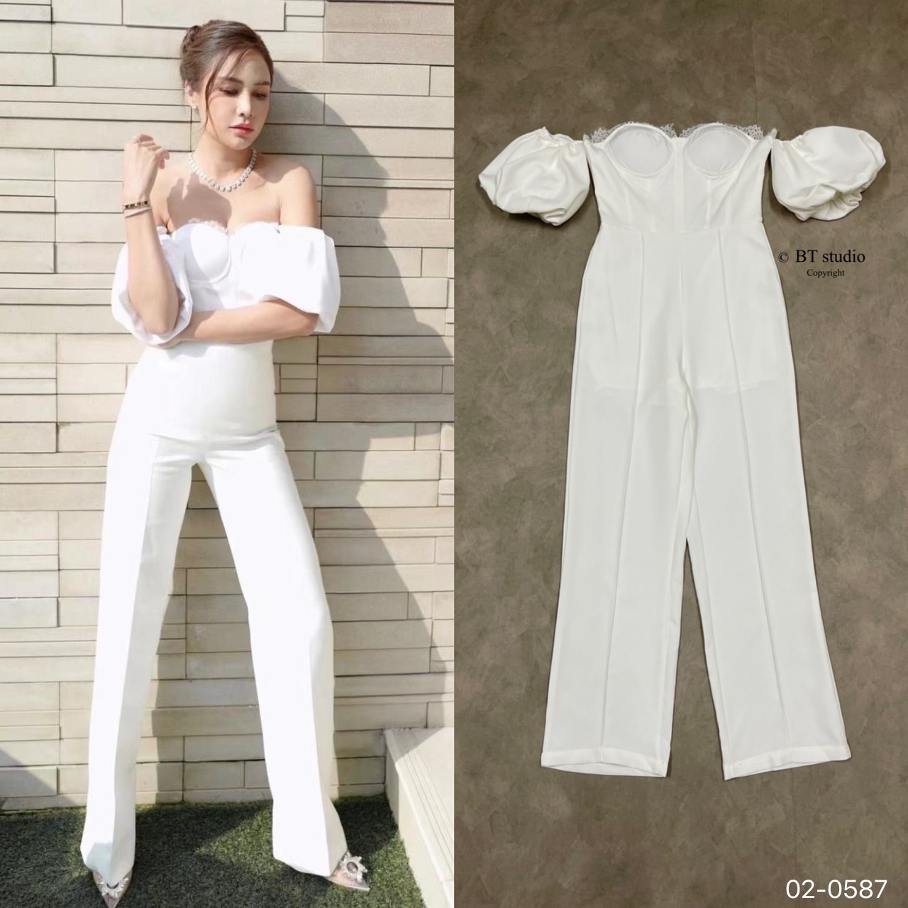 02-0587 จั้มสูทเกาะอกแต่งสม็อคที่แขน (ขาว)