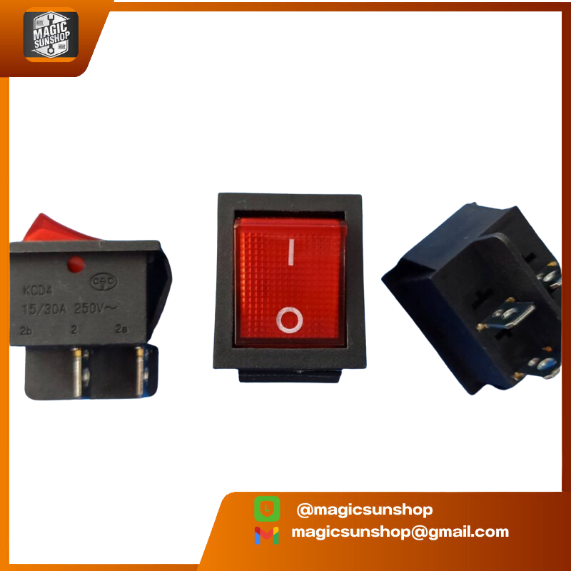 สวิตซ์ IO เหลี่ยมใหญ่-มีไฟ 250V/4ขา สีเเดง เเดง