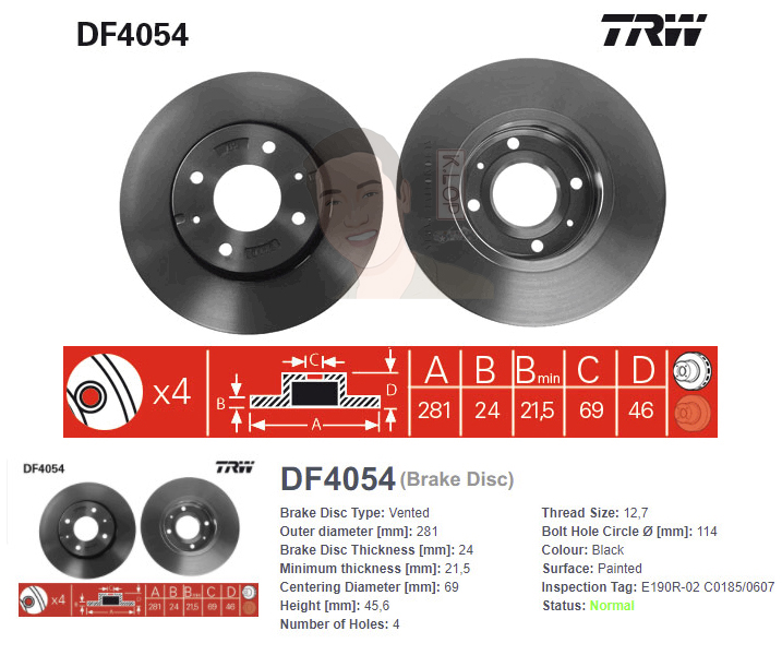 DF4054 จานเบรค-ดรัมเบรค(TRW) VOLVO S40,V40 (DF4081 แทน 1443) ปี1998 > F V
