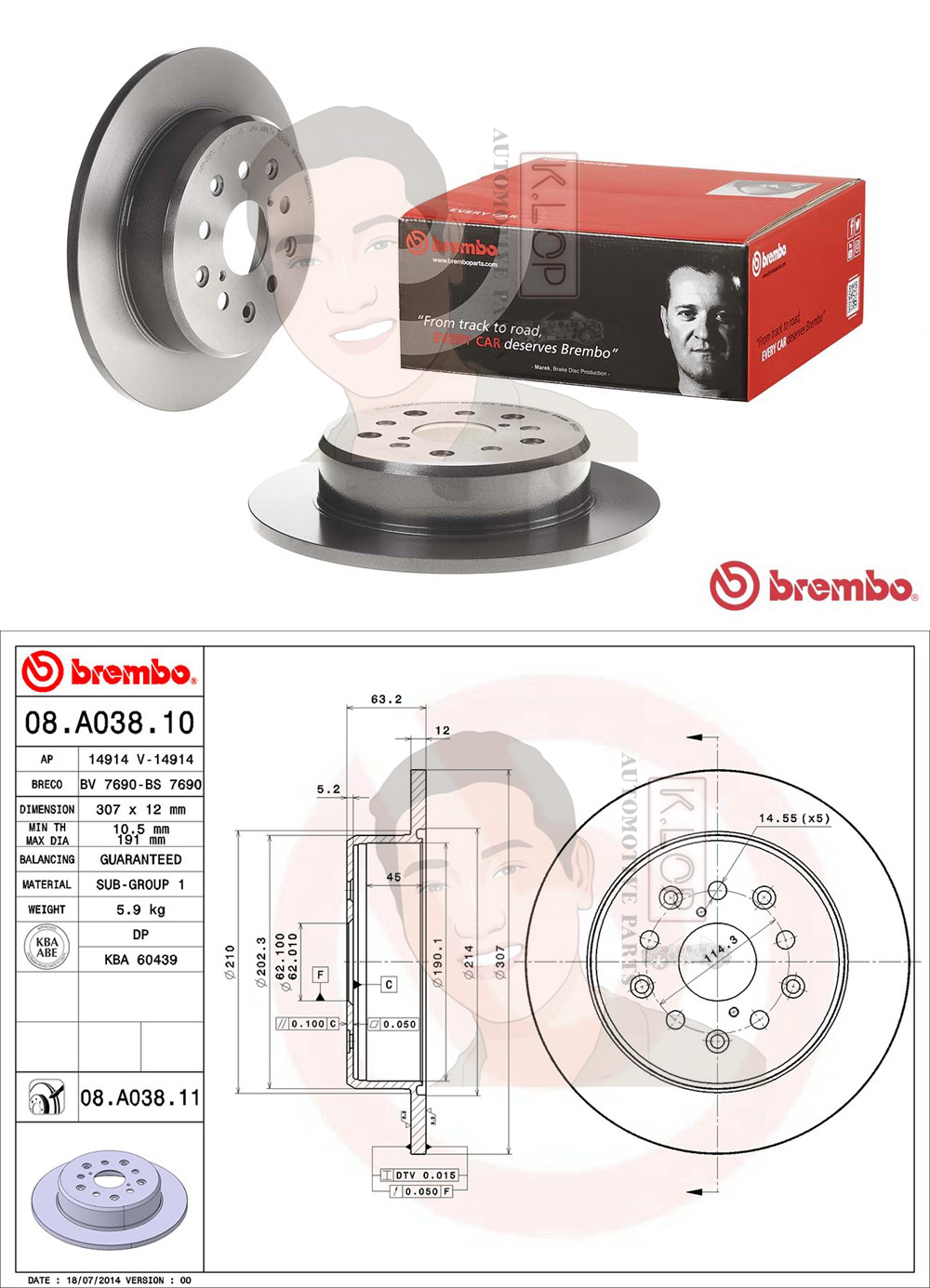 08 A038 11 จานเบรค ล้อ R (ยี่ห้อ BREMBO) รุ่น UV LEXUS IS200 IS300, GS300 3.0, Altezza'99 ปี 1997-2005