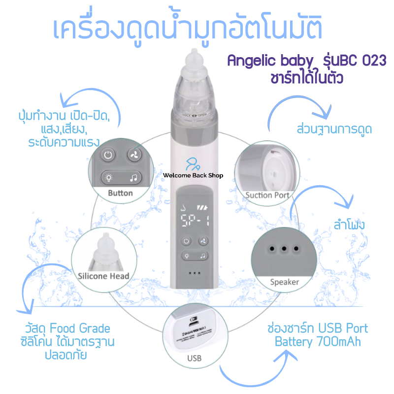 เครื่องดูดน้ำมูกอัตโนมัติ Angelic baby รุ่น BC 023 ที่ดูดน้ำมูกอัตโนมัติ รุ่นใหม่ ล่าสุด ชาร์ทได้ในตัว ปรับระดับความแรงได้ 3 ระดับ รับประกัน 1 ปี