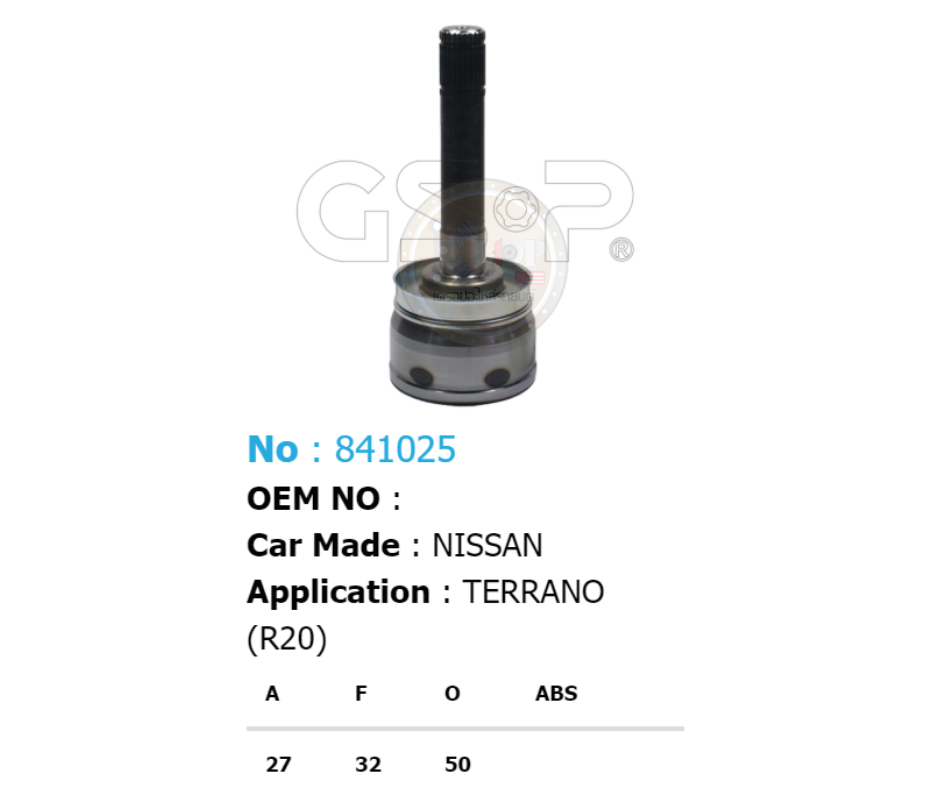 รหัสสินค้า 841025 ฟันนอก27 ฟันใน32 คอบ่าซีล50 [หัวเพลานอก ยี่ห้อGS-P] NISSAN TERRANO R20/96on