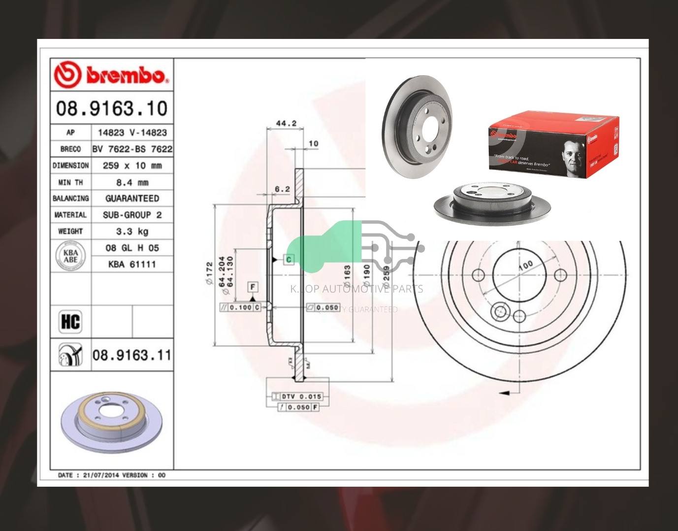 08 9163 11 จานเบรคหลัง (ยี่ห้อ BREMBO) MINI R50 R52 R53 R56 (One Cooper Cooper S) (รูน็อตเล็ก) 14.65) (HC) 2001-