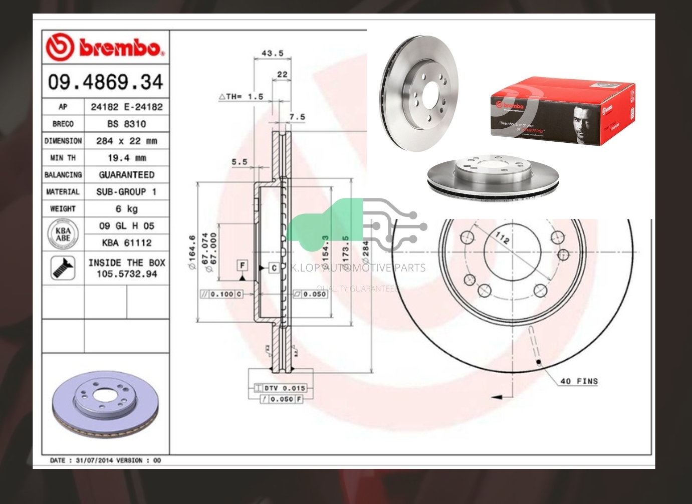 09 4869 34 จานเบรคหน้า STD (ยี่ห้อ BREMBO) BENZ E W124 (E200 E220 E280 E300 300D) หนา 22 มิล
