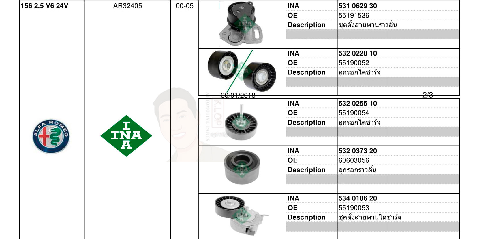 อะไหล่จัดชุด-ลูกรอกสายพานหน้าเครื่อง/ราวลิ้น(ไทม์มิ่ง)(INA) ALFA ROMEO 156 2.5 V6 24V(เครื่องยนต์ AR32405) ปี2000-2005