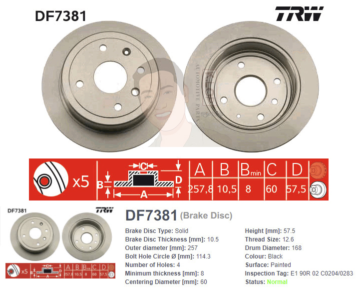 DF7381 จานเบรค-ดรัมเบรค(TRW) CHEVROLET AVEO 1.4,1.6 ปี2007 > R S / OPTRA 1.6,1.8 ปี2003-2007 R S