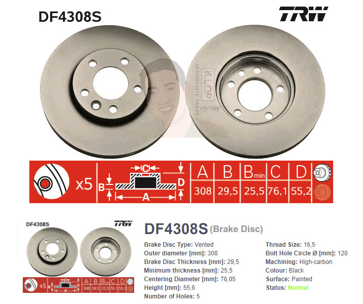 DF4308S จานเบรค-ดรัมเบรค(TRW) VW BUS TRANSPORTER T5 2.5 TDI ปี1992-2009 F V