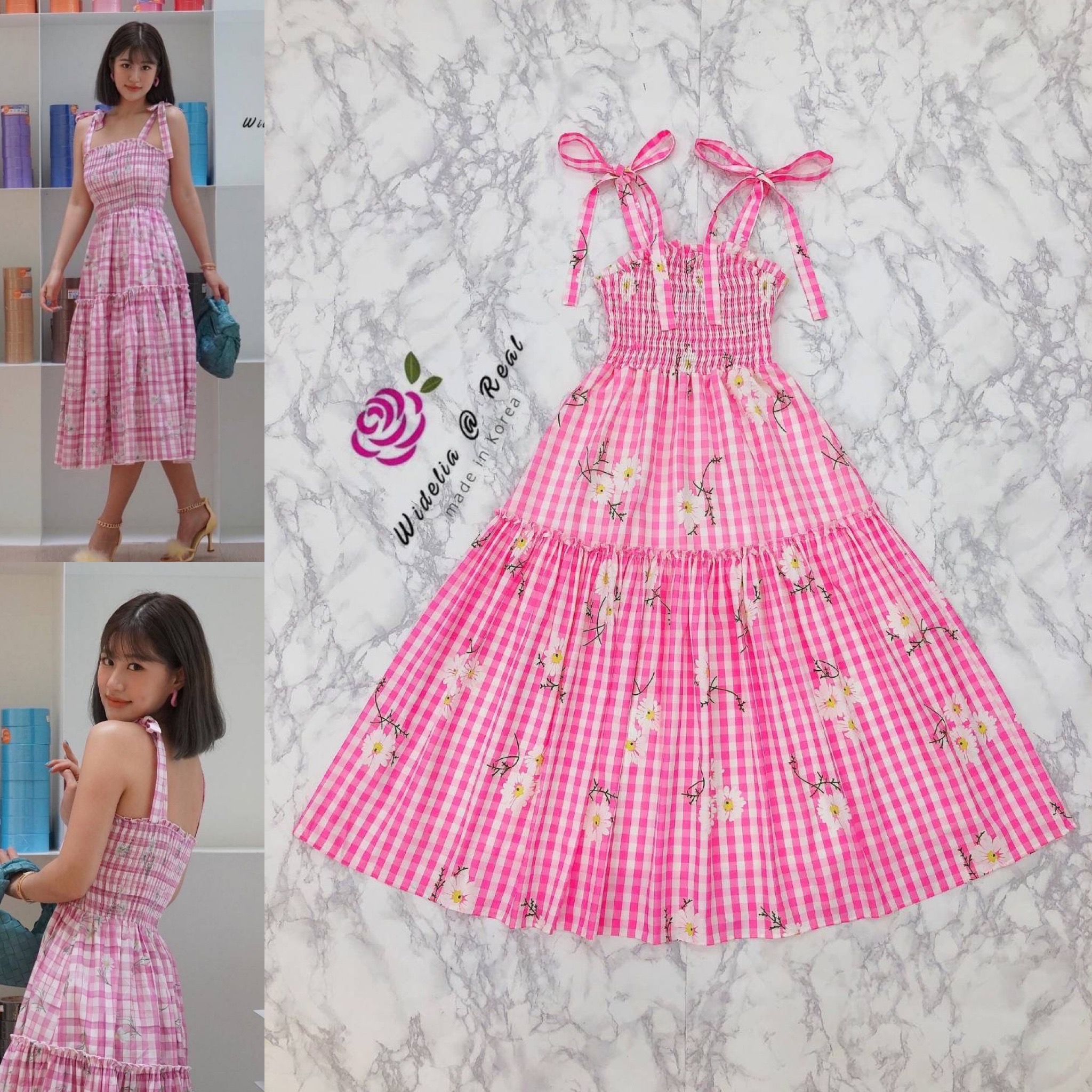 Asava Dress สายเดี่ยวสีชมพูสุดน่ารัก พิมพ์ลายดอกเดซี่ สีขาวตัดกับชุดสีชมพูลายสก๊อท