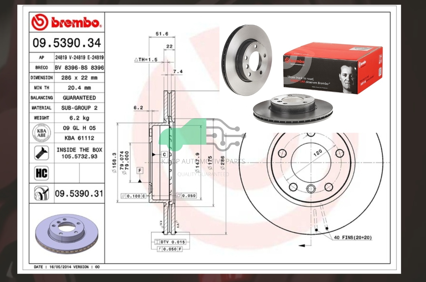 09 5390 31 จานเบรคหน้า (ยี่ห้อ BREMBO) BMW ซีรี่ส์ 3 E36 E46 (318i 323i), Z3 E36 (2.0 2.2 2.8) (HC) 90-05 /Z4 E85 (2.0 2.2 2.5) (HC) 03-09