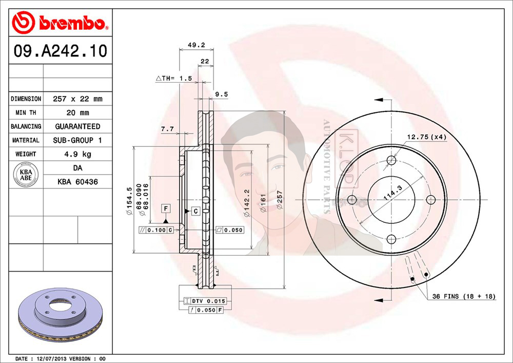 09 A242 10 จานเบรค ล้อ F (ยี่ห้อ BREMBO) รุ่น Std NISSAN Sunny neo 1.6 ปี 2000->