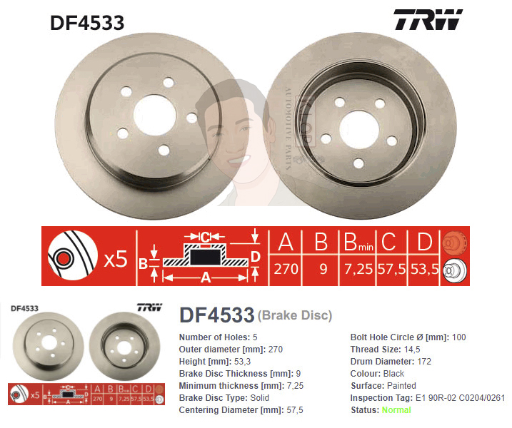 DF4533 จานเบรค-ดรัมเบรค(TRW) CHRYSLER NEON ปี1994-2006 R S