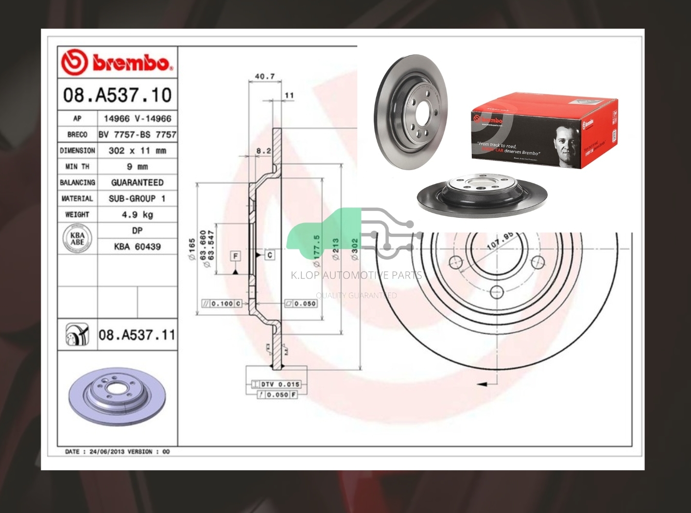 08 A537 11 จานเบรคหลัง (ยี่ห้อ BREMBO) Volvo S60 II DriveB (HC)/S80 II Drive (HC)