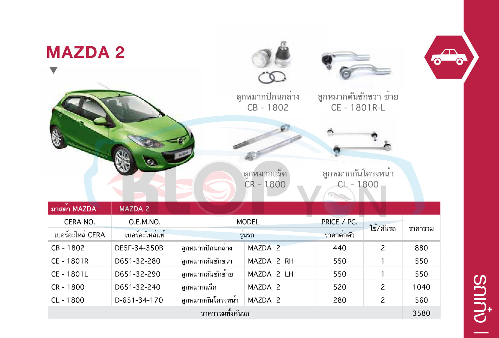 ชุด-ลูกหมากรถยนต์ CERA (รถเก๋ง sedan car) Mazda-ทุกรุ่น