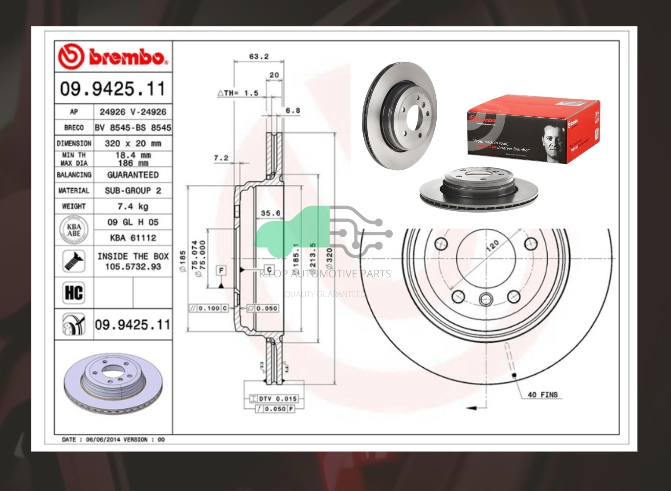 09 9425 11 จานเบรคหลัง (ยี่ห้อ BREMBO) BMW ซีรี่ส์ 5 E60 (520i 520d 523i 525i 525d 530i 530d) (HC) 03-10