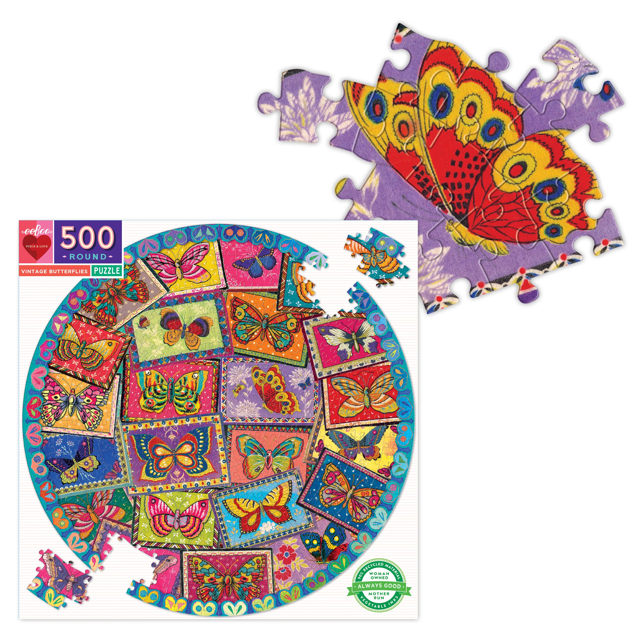 eeBoo - Vintage Butterflies (Round Puzzle) 500 pcs.