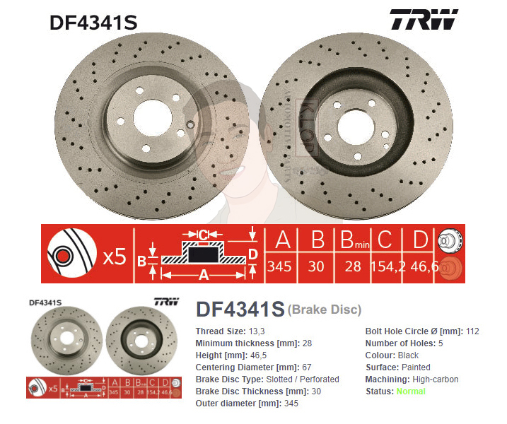 DF4341S จานเบรค-ดรัมเบรค(TRW) BENZ W209 CLK63 AMG ปี2006 /R171 SLK 55 AMG ปี2004-2011 /W203 C350,C55 AMG ปี2005> (จานมีรู) F V