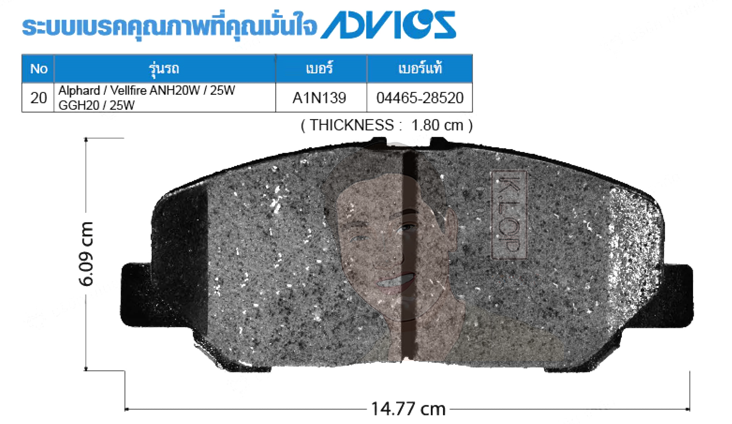 A1N139 ผ้าเบรกหน้าแท้ญี่ปุ่น ADVICS : รุ่น ALPHARD ANH20W