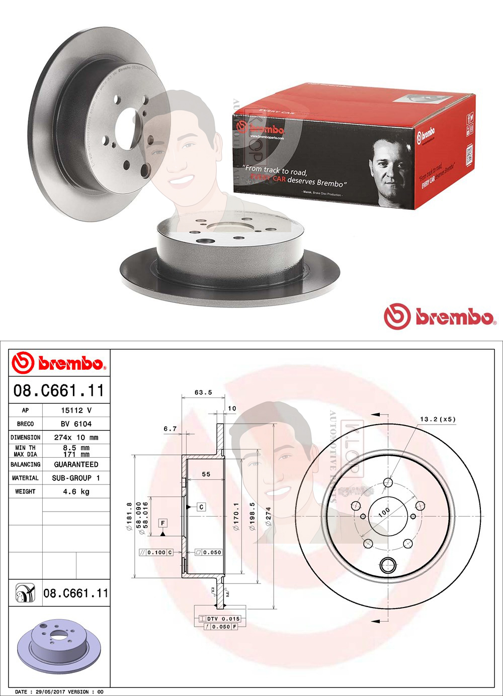 08 C661 11 จานเบรค ล้อ R (ยี่ห้อ BREMBO) รุ่น UV SUBARU XV (GP/GT), Forester ปี 2011->
