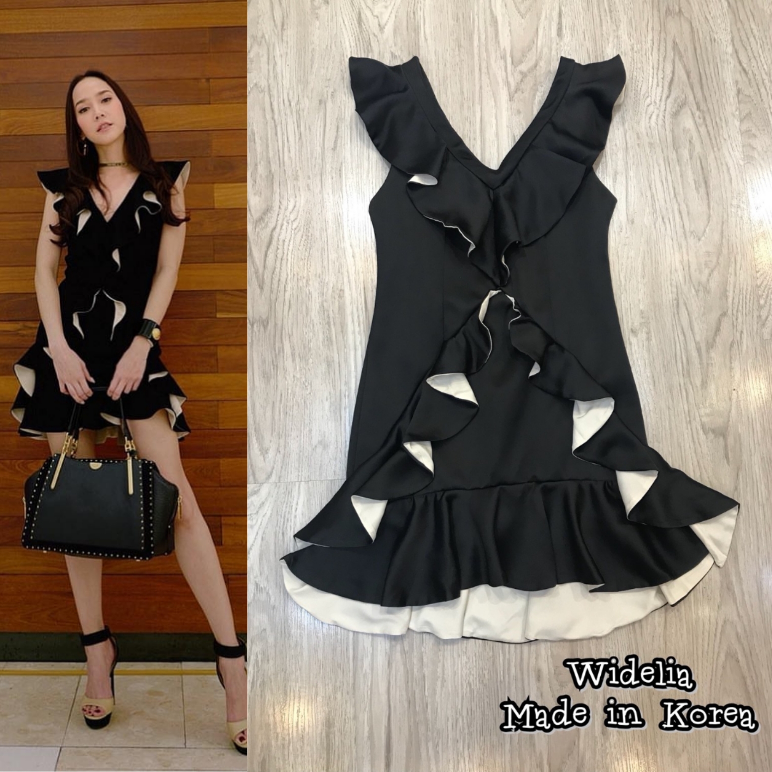 Pitchana Drees:: เดรสตัวสั้นคอวีแขนกุดแต่งระบายทั้งตัว