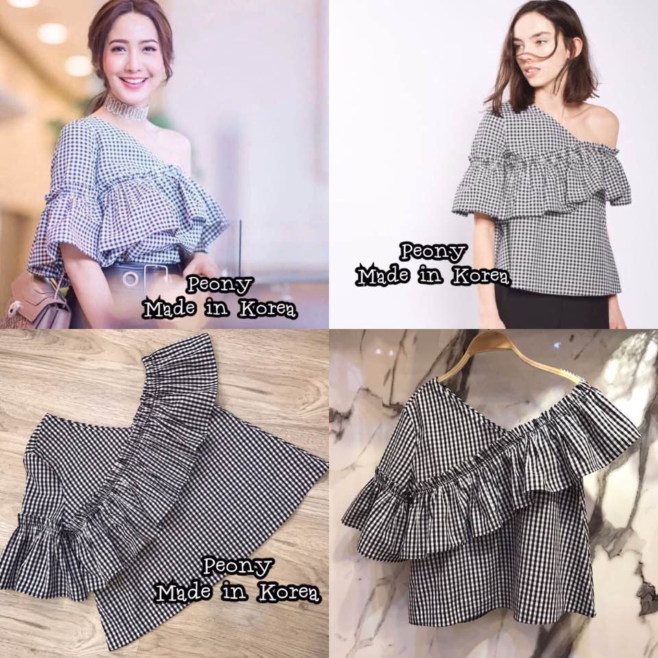 *พร้อมส่ง*TSP Shirt :: เสื้อไหล่เดียวตัวเก๋ มาในผ้าลายสก๊อต