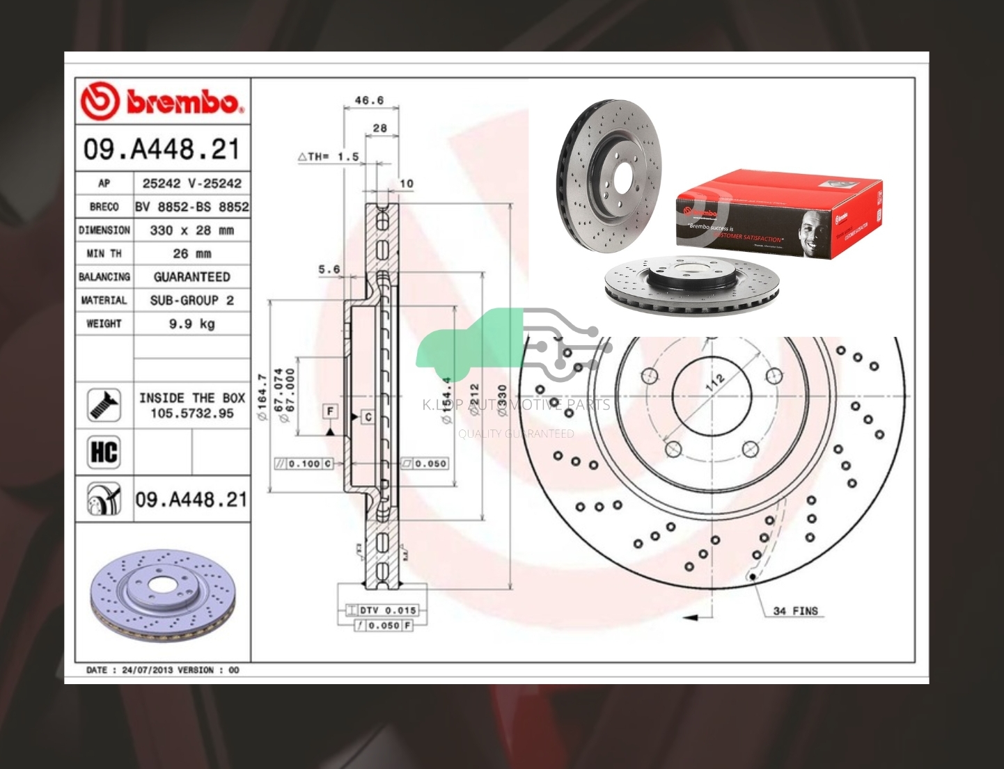 D09 A448 21 จานเบรคหน้า (ยี่ห้อ BREMBO) BENZ SLK R171 (350) (เจาะรู) (HC)/C W203 (200 220CDI 230KOM), CLK C209 (เจาะรู) (HC)