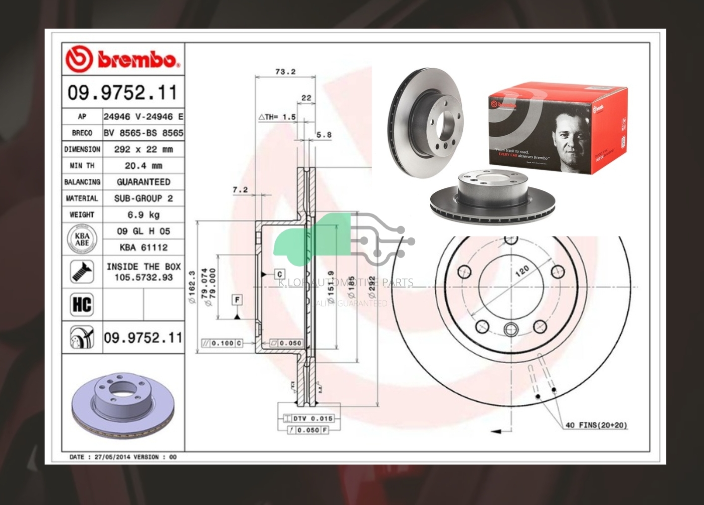 09 9752 11 จานเบรคหน้า (ยี่ห้อ BREMBO) BMW ซีรี่ส์ 3 E90 (318i 320i) (HC) 05-07