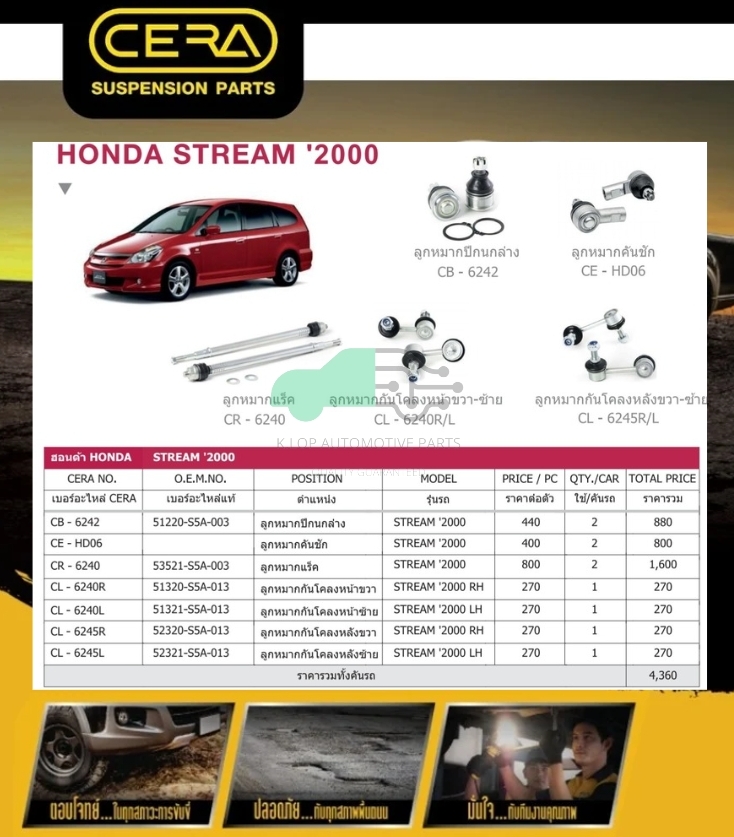 ชุดเปลี่ยนลูกหมากช่วงล่าง(CERA) Honda Stream 2000 (MADE IN THAILAND) *** มาอุดหนุนสินค้าไทยกันครับ