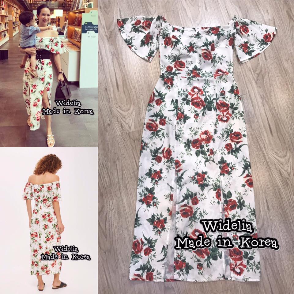 *พร้อมส่ง*TS Dress :: เดรสปาดไหล่ลายดอกไม้ สีสดแสนสวย