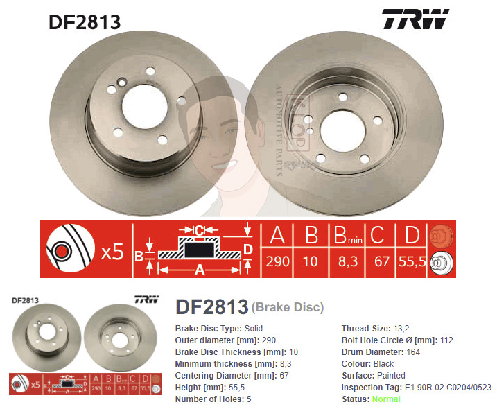 DF2813 จานเบรค-ดรัมเบรค(TRW) BENZ W209 CLK 240,320 ปี2002 /W210 E200 COMPRESSOR ปี1997-2000 /R171 SLK 350 ปี2004-2011 /W203 C230,C240,C270,C280,C320 ปี2000-2006 /W203 C350 ปี2005> R S