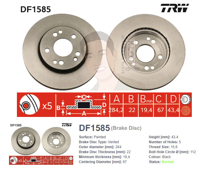 DF1585 จานเบรค-ดรัมเบรค(TRW) BENZ W124 E200, E220, E280, E300, 300D ปี1982-1996 F V