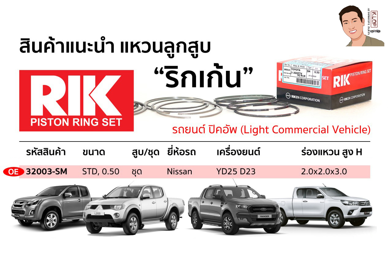 OE 32003-SM แหวนลูกสูบ(RIK-ริกเก้น) ขนาด STD,0.50 ชุด Nissan เครื่องยนต์ YD25 D23 ร่องแหวน สูง H 2.0x2.0x3.0