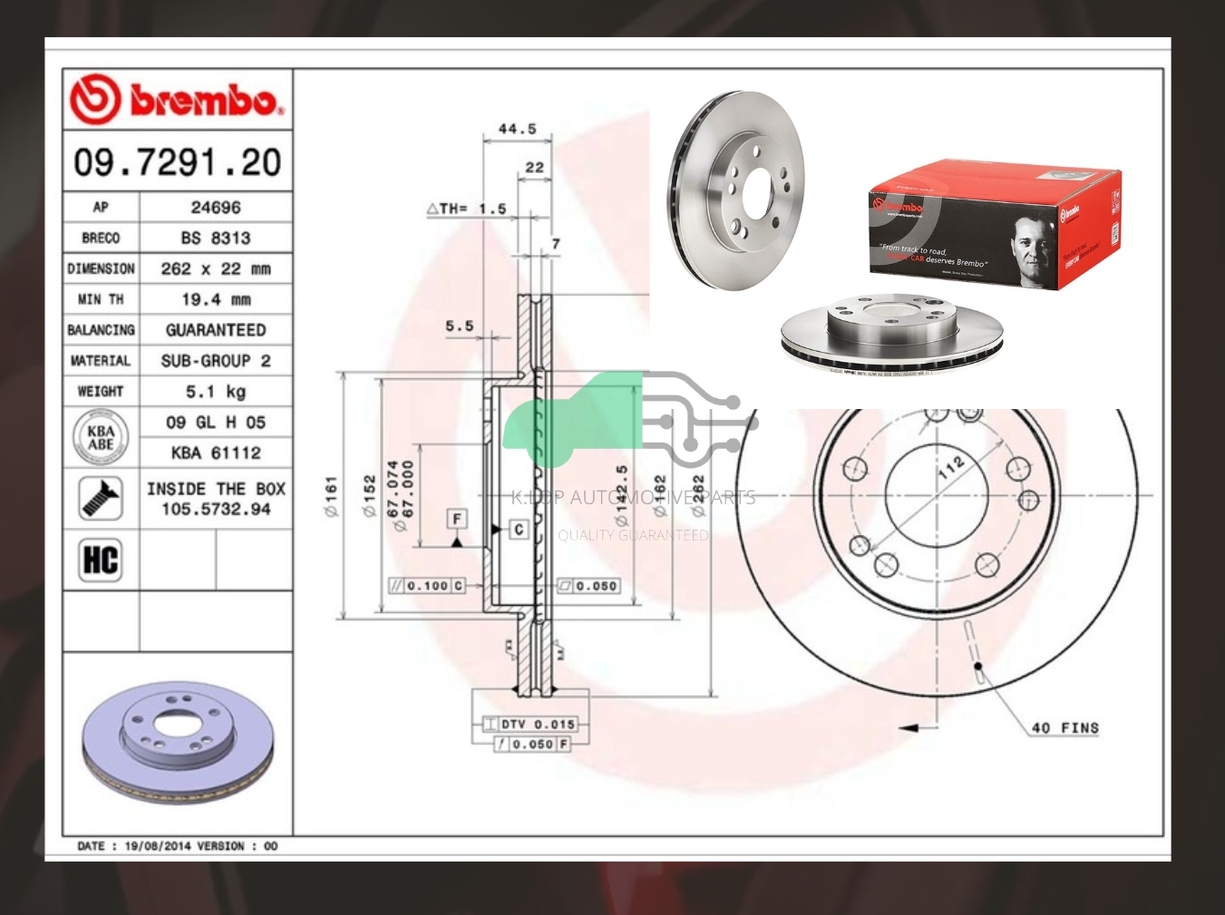 09 7291 20 จานเบรคหน้า (ยี่ห้อ BREMBO) STD BENZ W201 (190E) 82-97 หนา 22 มิล