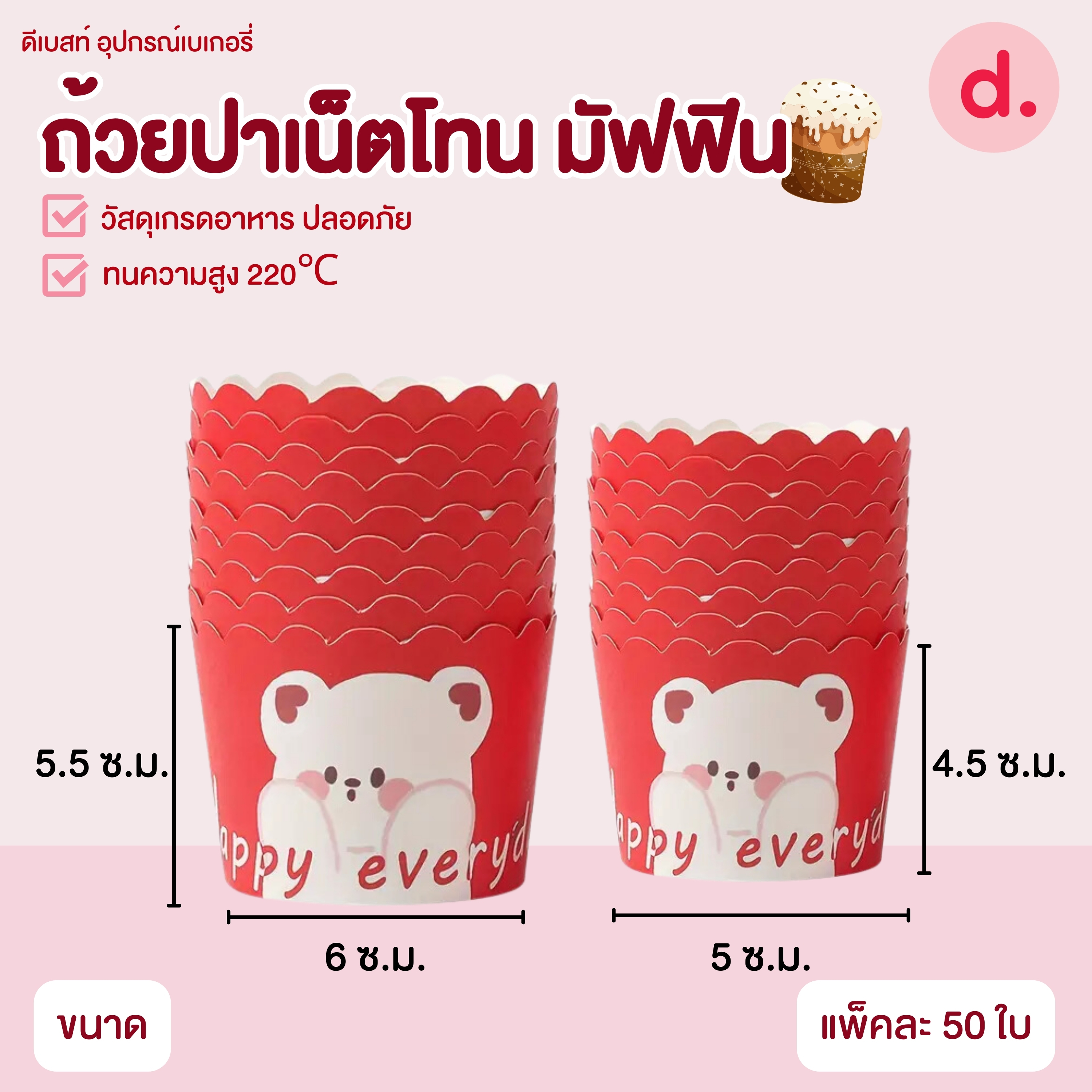 ถ้วยปาเน็ตโทน มัฟฟิน ขนาดฐาน 5-6 ซม.เคลือบไขในอย่างดีคละแบบ (1 แถว 50 ชิ้น )