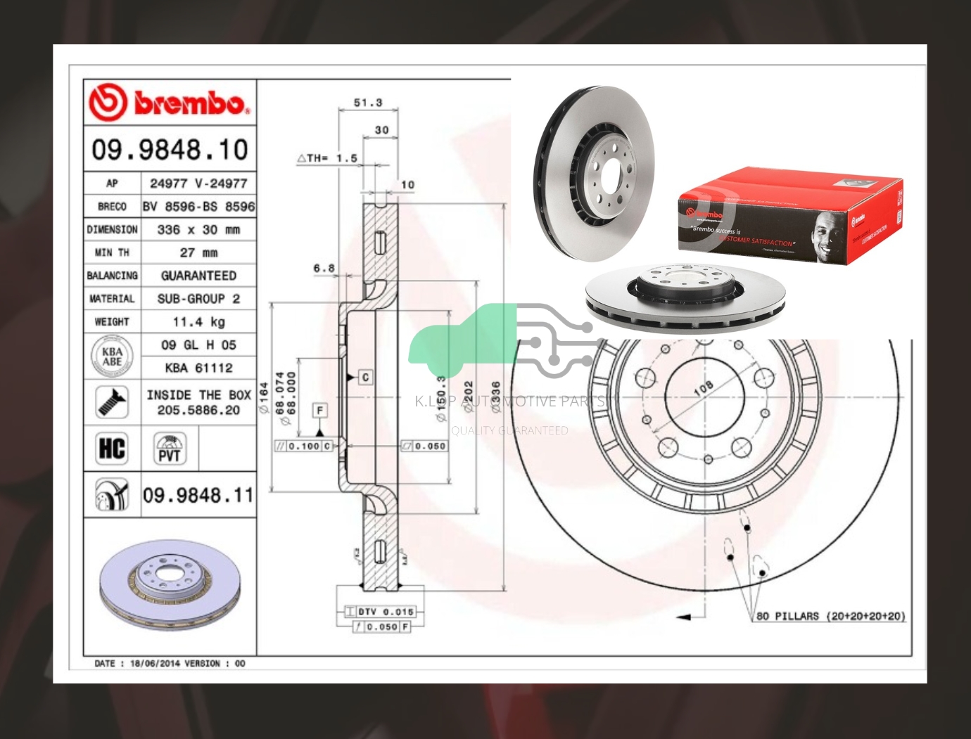 09 9848 11 จานเบรคหน้า (ยี่ห้อ BREMBO) Volvo XC90 (2.5T 3.0 D5) (HC)