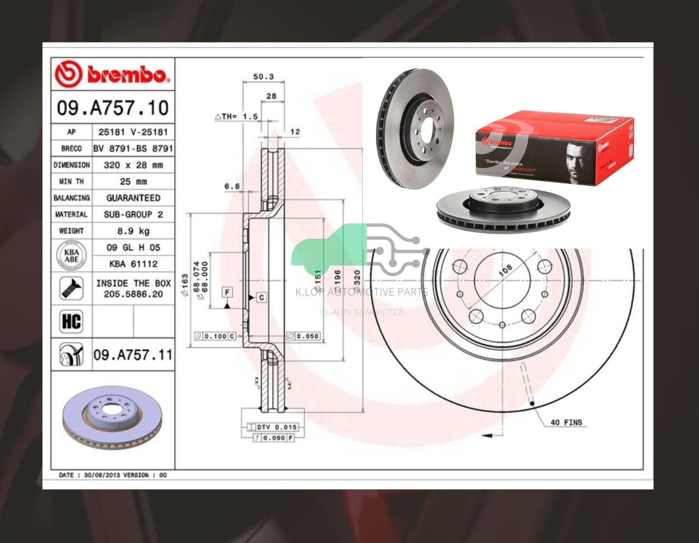09 A757 11 จานเบรคหน้า (ยี่ห้อ BREMBO) Volvo S60 S80 V70 XC70 (ล้อ 17นิ้ว) 98->