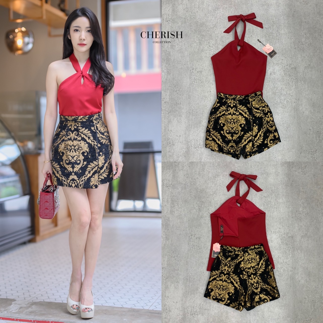 SET เสื้อคล้องคอเปิดโชว์หลังสวยๆ (แดง)
