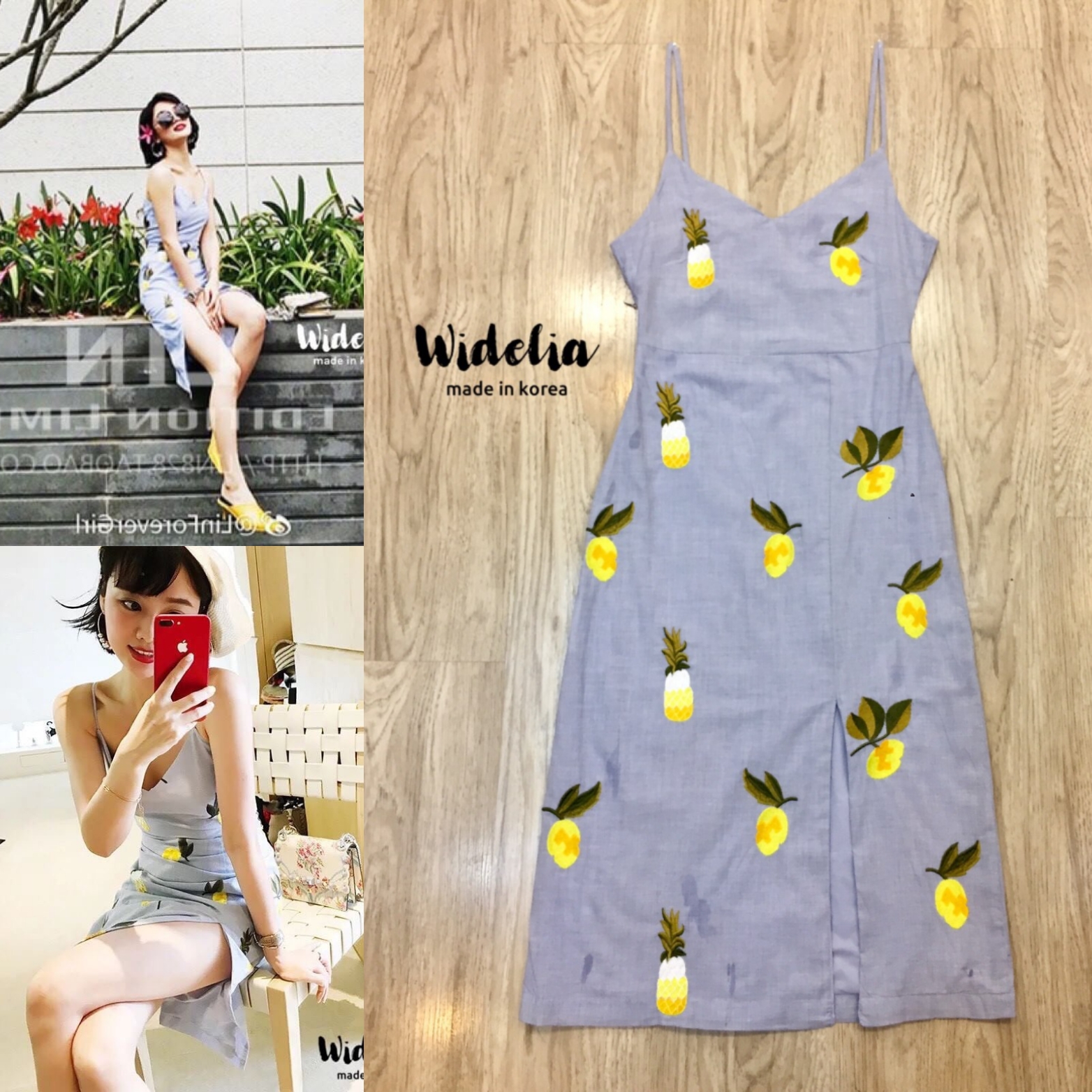 Korea Dress >>เดรสสายเดี่ยวโทนสีฟ้าสวย ปักลายเลมอนและสัปปะรดสีสันสดใส