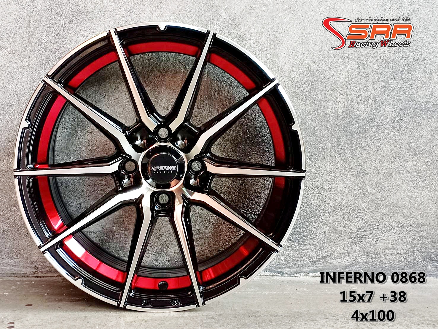 INFERNO 0868 15x7 ET+38 4x100 Black Polish Inside Red