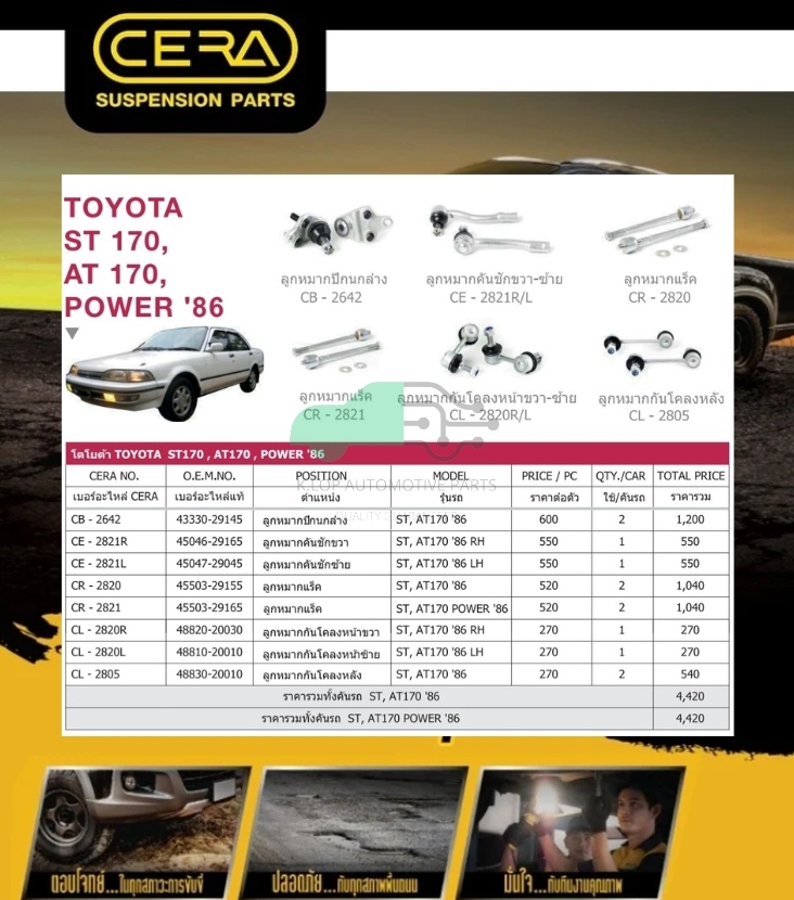 ชุดเปลี่ยนลูกหมากช่วงล่าง (CERA) TOYOTA ST 170, AT 170, POWER (แร๊คพาวเวอร์) (MADE IN THAILAND) *** มาอุดหนุนสินค้าไทยกันครับ