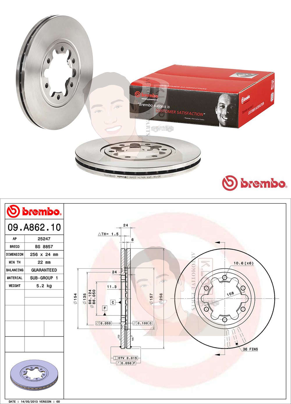 09 A862 10 จานเบรค ล้อ F (ยี่ห้อ BREMBO) รุ่น Std MAZDA Fighter 4x2 ปี 1998-2006