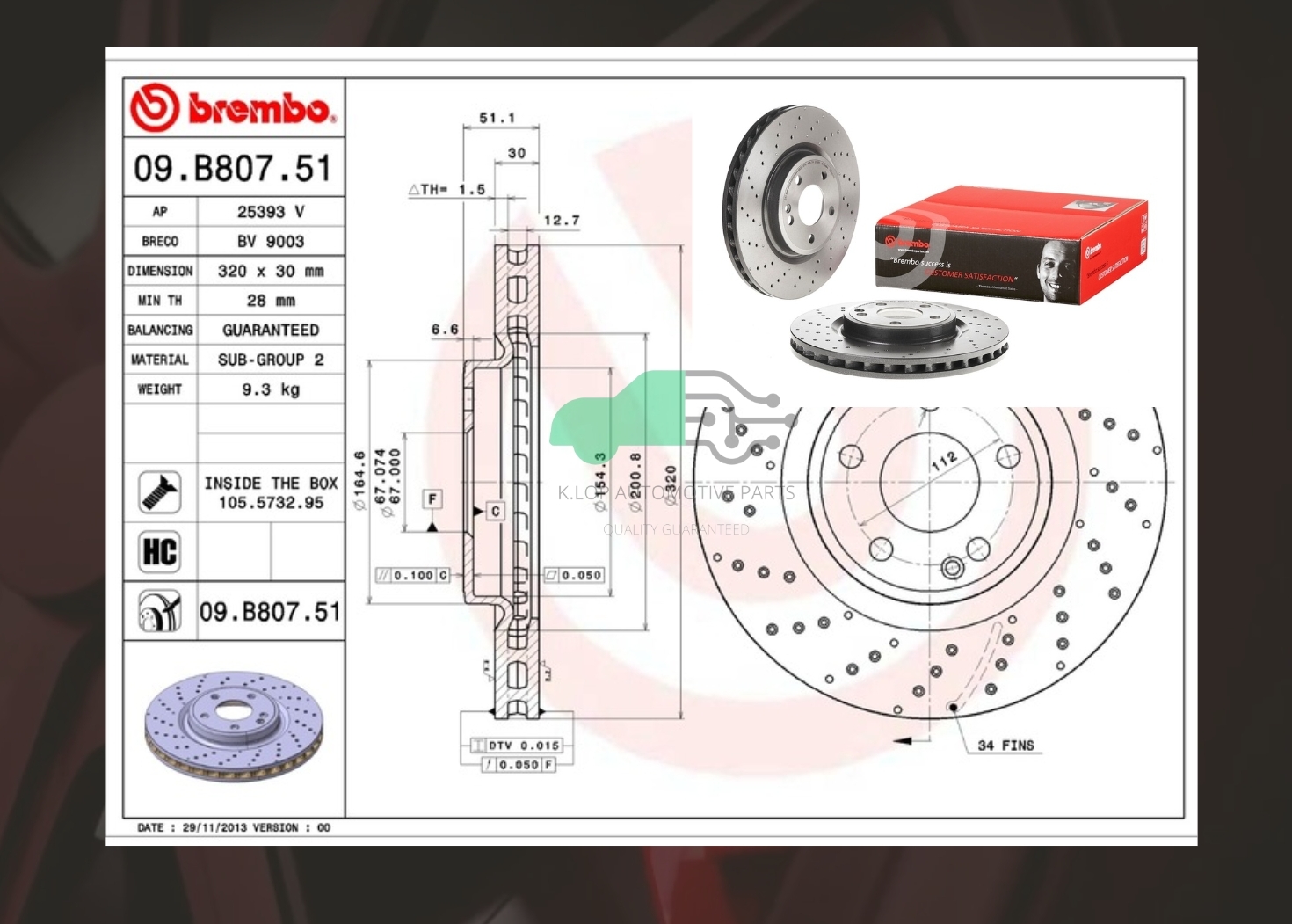 D09 B807 51 จานเบรคหน้า (ยี่ห้อ BREMBO) BENZ A W176, CLA C117, GLA X156, B W246 เจาะรู (HC) 320 มิล